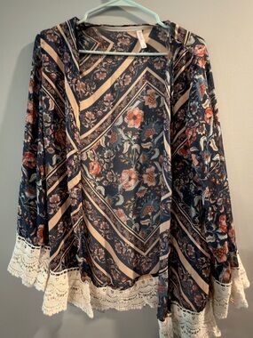 Xhilaration Navy Floral Open Cardigan with Crochet Trim